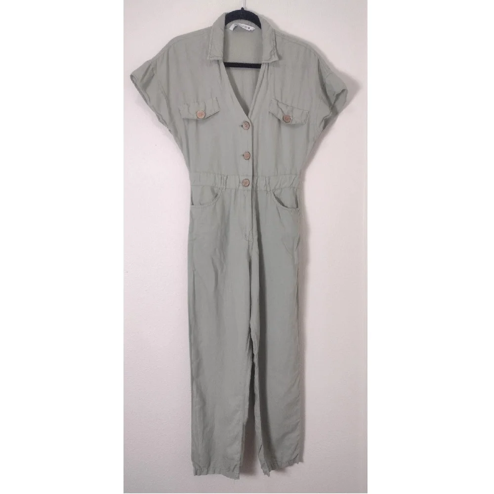 Zara Linen Cotton Short Sleeve Button Front Jumpsuit Green Size S